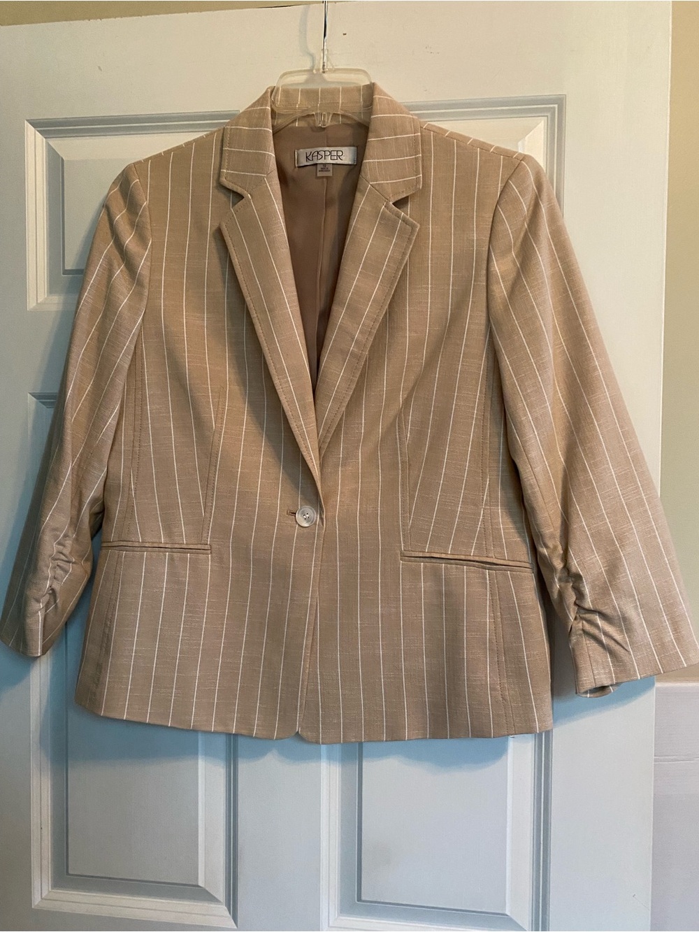 Kasper Beige Pinstripe Single-Button Blazer